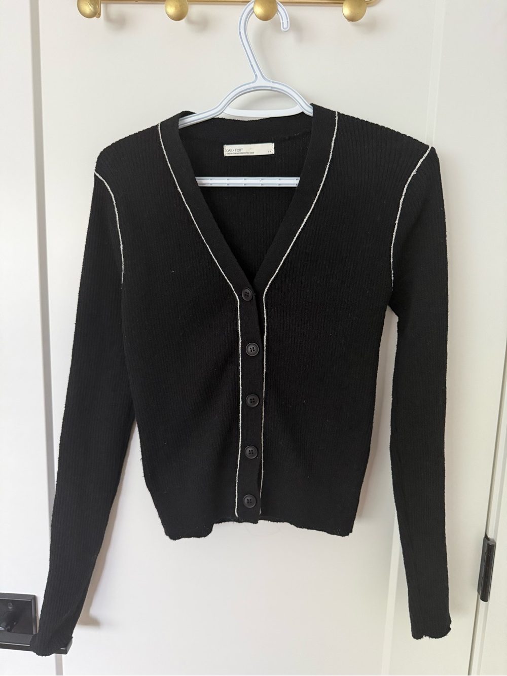 OAK + FORT Black V-Neck Button Cardigan with Contrast Stitching